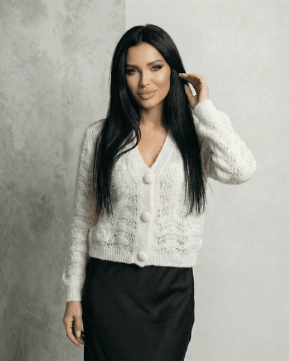 Lauven Serena Cardigan showcasing a lace knit texture and V-neck design, ideal for stylish everyday wear.