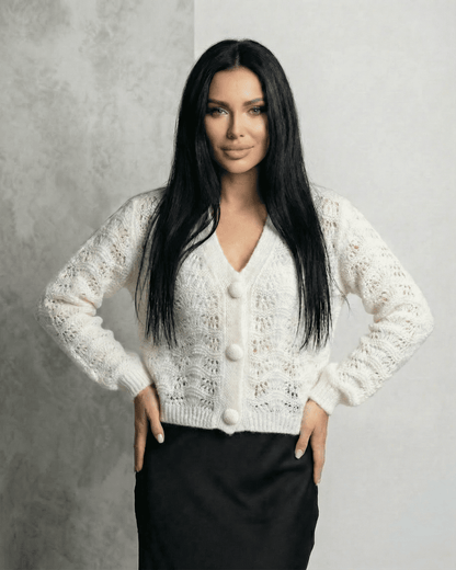 Serena Cardigan by Lauven, elegant lace knit V-neck button front cardigan for women.