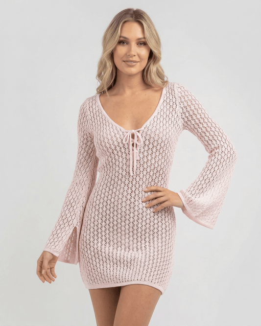 Lauven Serena Cover Up in soft pink, featuring V-neckline, bell sleeves, and breathable polyester-cotton blend for beach wear.