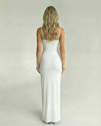 Back view of Serena Maxi Dress by Lauven, featuring elegant fit and smooth white fabric.