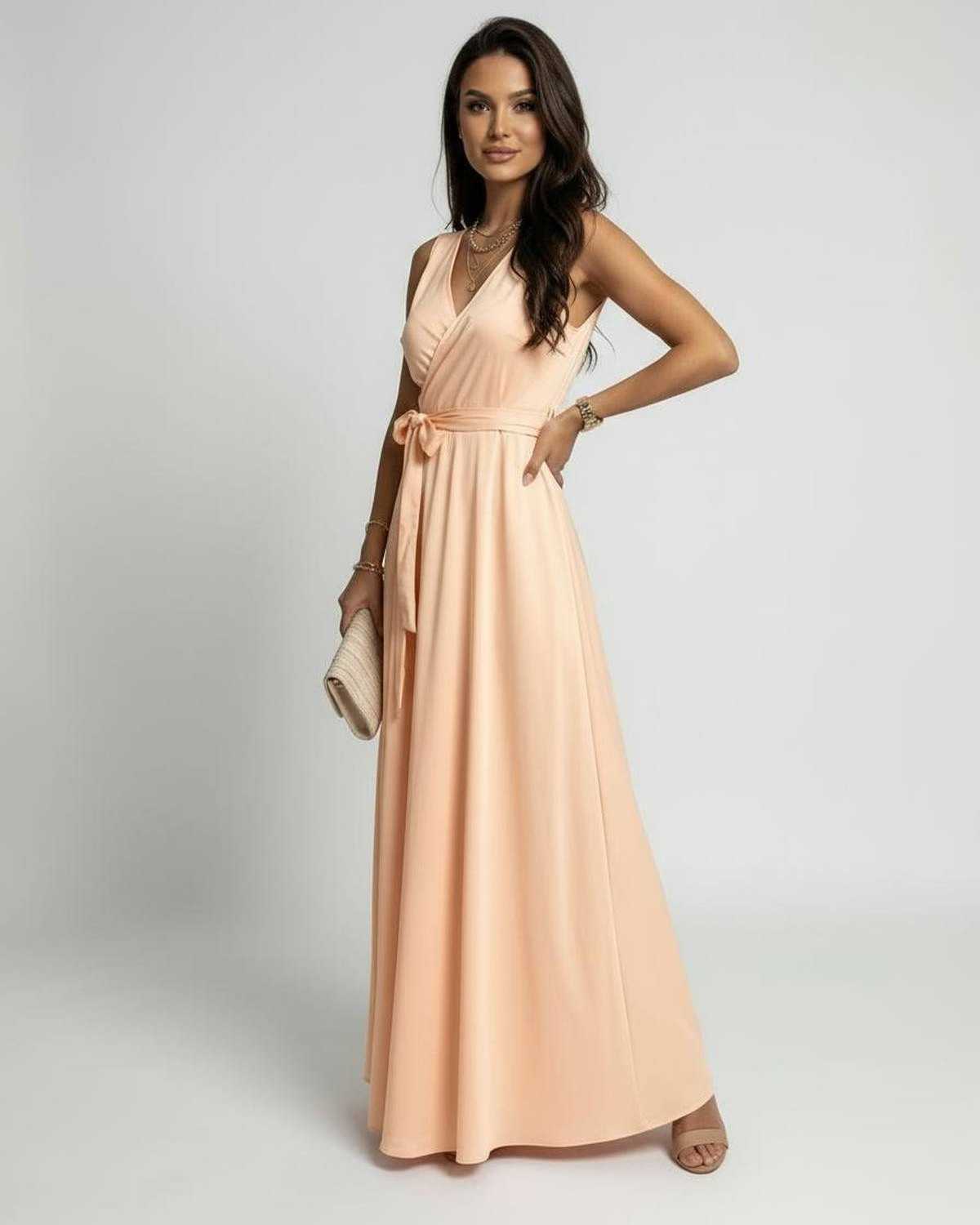 Serena Maxi Dress by Lauven in soft peach with elegant V-neck design and flowing maxi length.