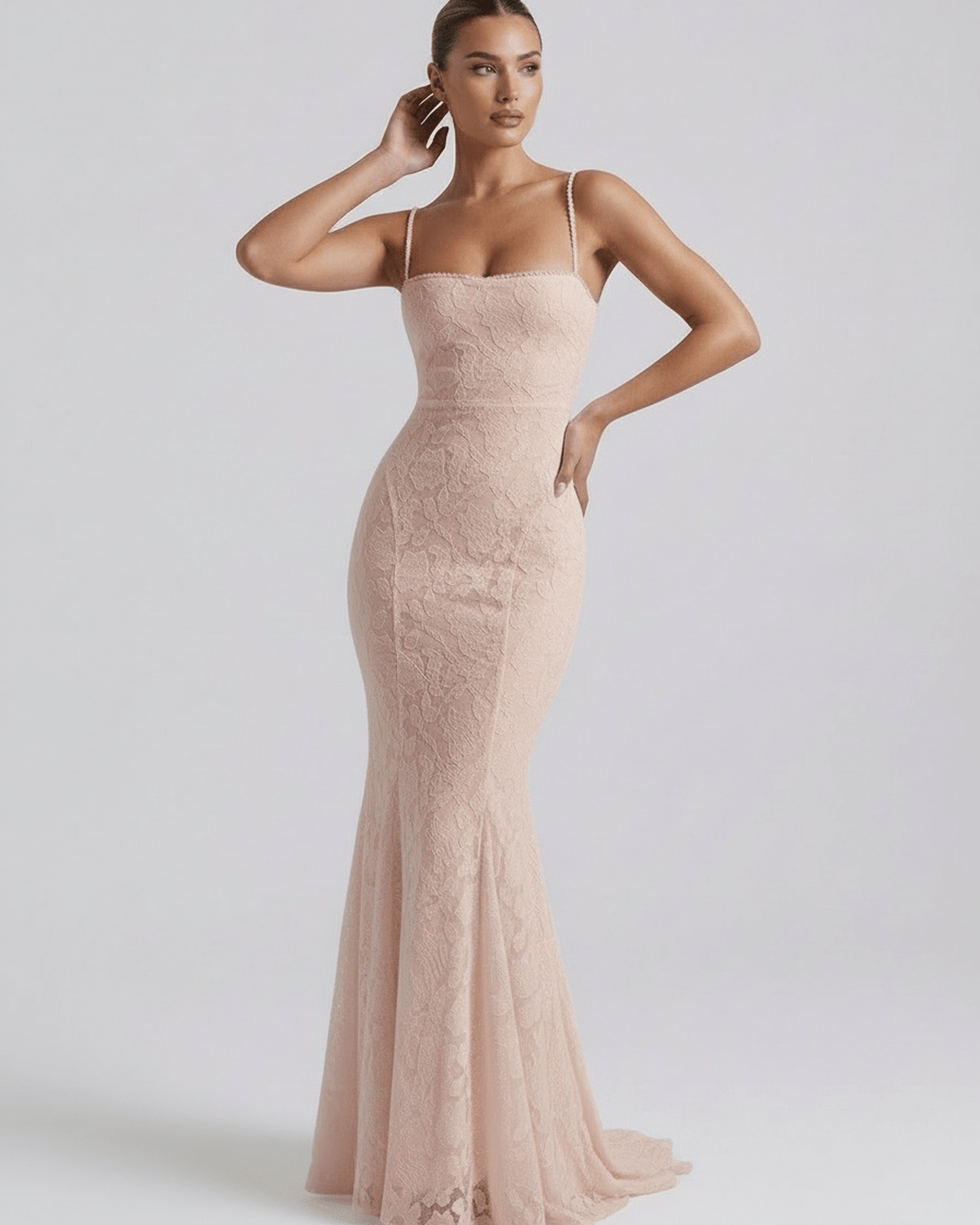 Serena Maxi Dress by Lauven, soft pink lace dress with high waist and floor-length skirt.