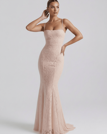 Serena Maxi Dress by Lauven, soft pink lace dress with high waist and floor-length skirt.