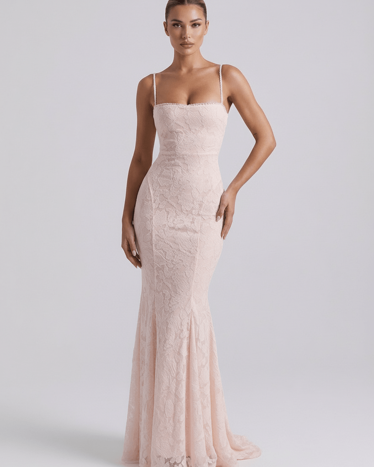 Serena Maxi Dress by Lauven - Soft pink lace dress with high waist and elegant floral details.