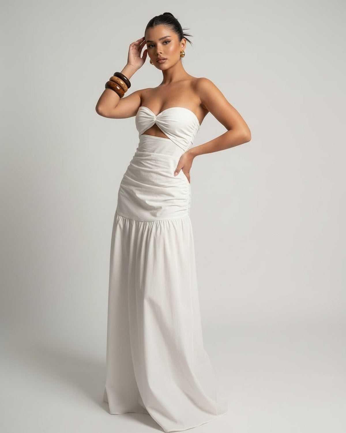 Serena Maxi Dress - White strapless design with high waist silhouette for elegant style by Lauven.