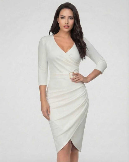 Serena Midi Dress by Lauven, classic ivory with elegant belt detail and flattering V-neckline.