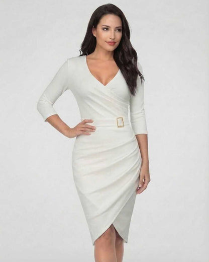 Serena Midi Dress by Lauven in Classic Ivory with elegant belt detail and flattering V-neckline.