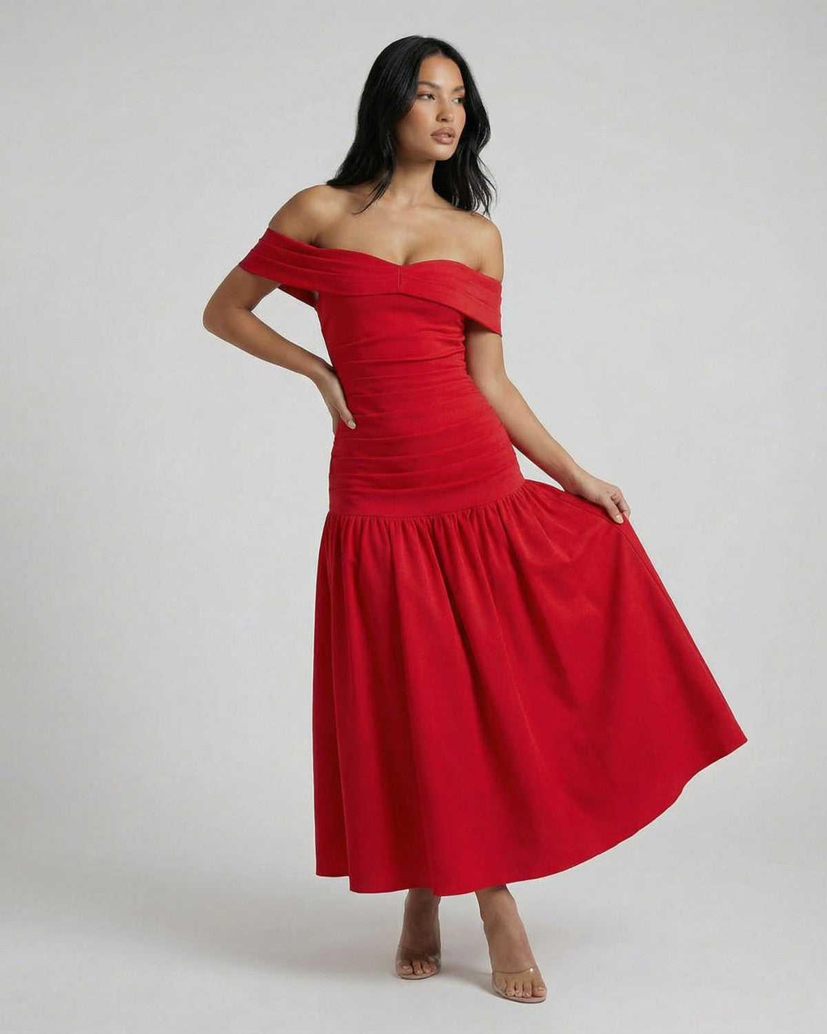 Serena Midi Dress by Lauven - Elegant off-shoulder red dress showcasing a flattering A-line silhouette.