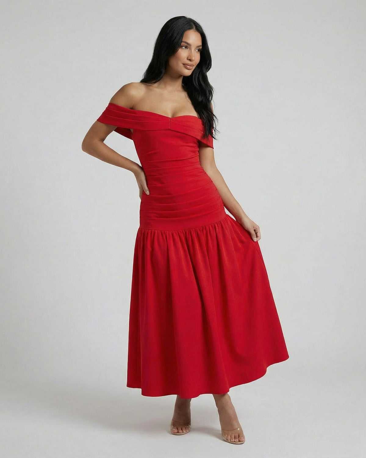 Serena Midi Dress by Lauven, elegant off-shoulder red dress with flattering A-line silhouette.