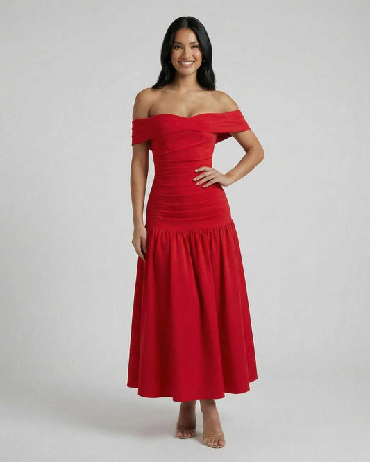 Serena Midi Dress by Lauven - Elegant off-shoulder red dress featuring A-line silhouette and natural waistline.