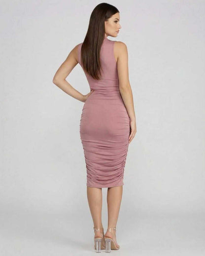 Serena Midi Dress by Lauven, showcasing a sleek ruched design with a mock neck and form-hugging fit.