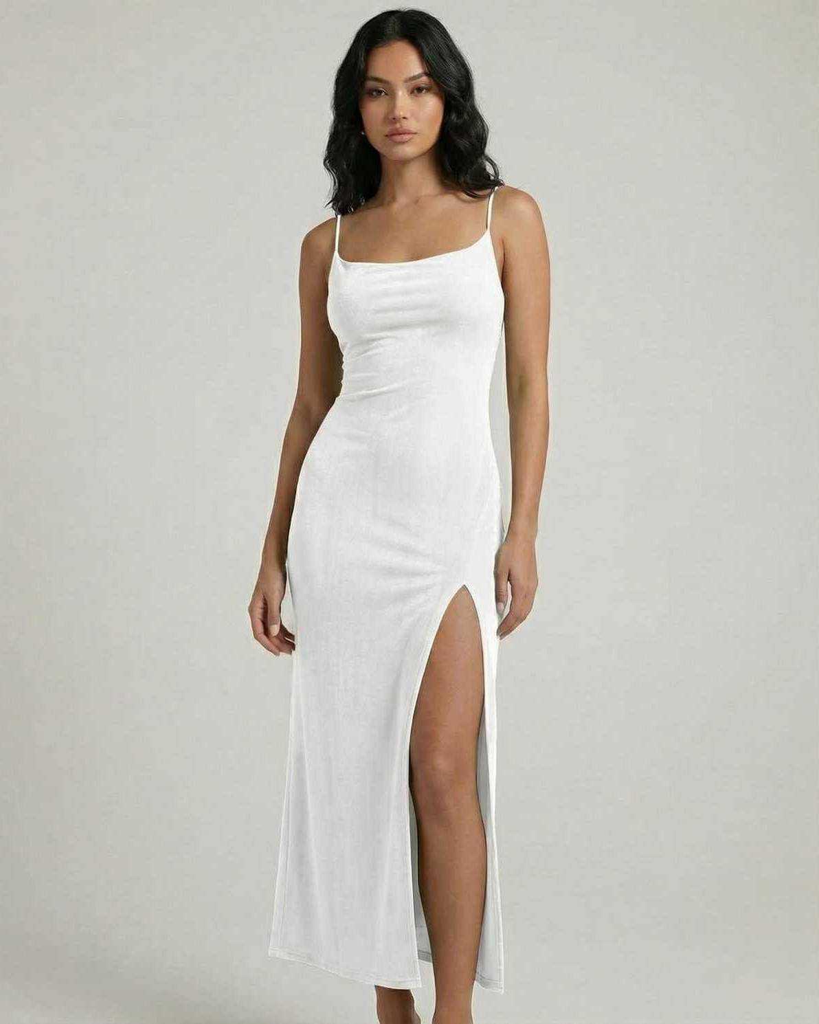 Serena Midi Dress by Lauven in white with square neck, slim fit, and asymmetrical slit, showcasing modern femininity.