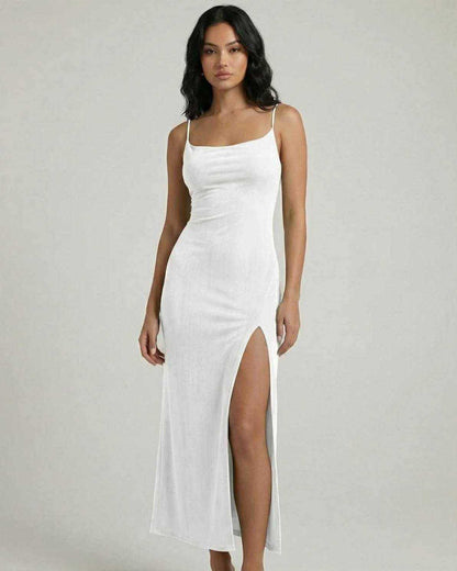 Serena Midi Dress by Lauven in white with square neck, slim fit, and asymmetrical slit, showcasing modern femininity.