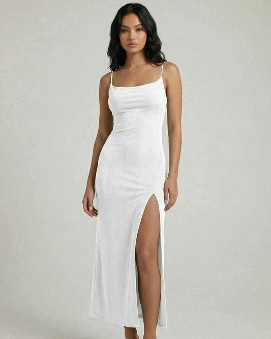 Serena Midi Dress by Lauven in white with square neck, slim fit, and asymmetrical slit, showcasing modern femininity.