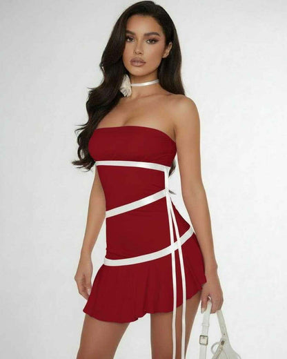 Serena Mini Dress by Lauven in rich red with satin ribbon detailing and flared ruffle hem.
