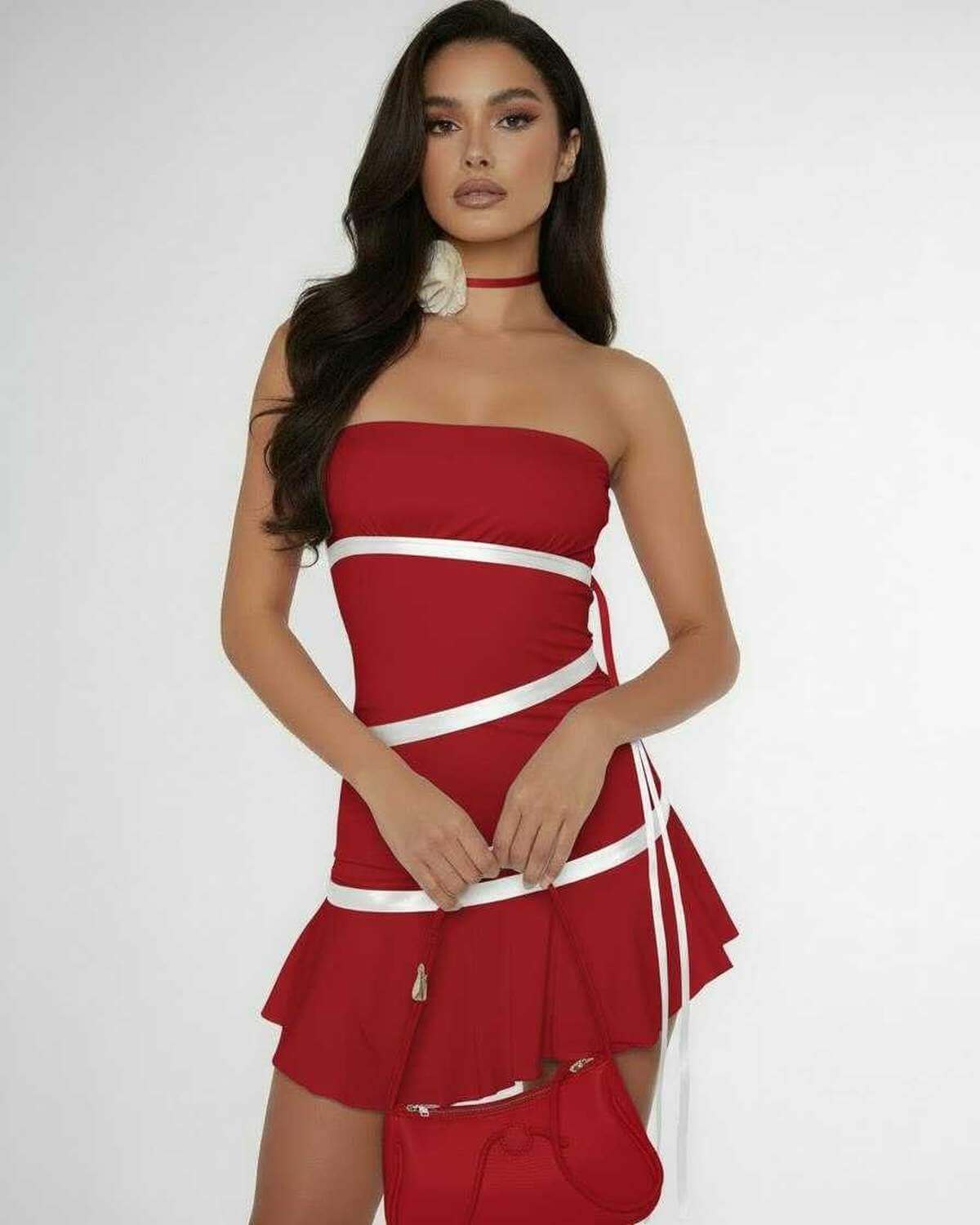 Serena Mini Dress by Lauven featuring strapless design and satin ribbon detailing in a rich red hue.