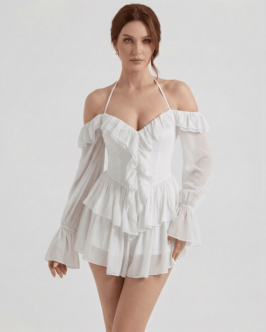 Serena Mini Dress by Lauven – White Ruffle Halter Mini Dress with Sheer Sleeves for a feminine look.