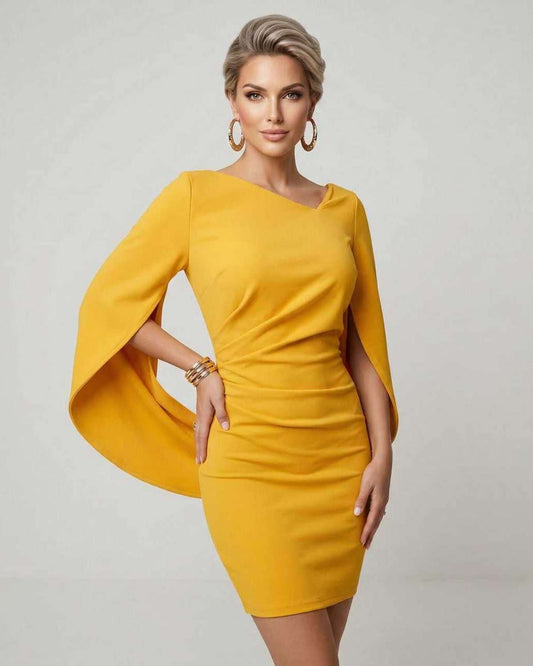Serena Mini Dress by Lauven in vibrant yellow with cloak sleeves and O-neckline, perfect for parties.
