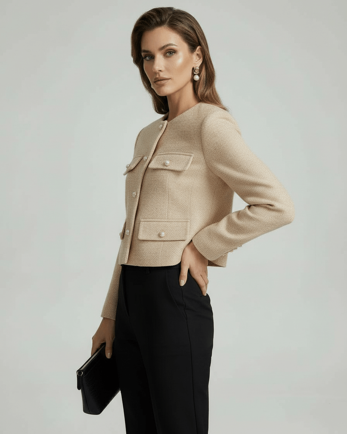 Serene Jacket by Lauven - Soft beige wool blend jacket with gold button accents, elegant and tailored.