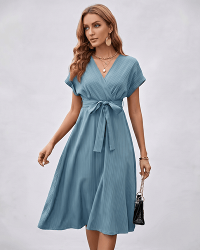 Serene Midi Dress by Lauven, pleated fabric, V-neck, self-tie belt, stylish day-to-evening wear.
