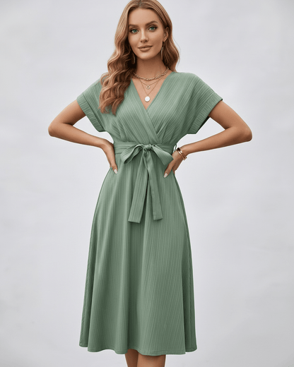 Serene Midi Dress by Lauven, pleated fabric, V-neck, adjustable self-tie belt for a refined look.