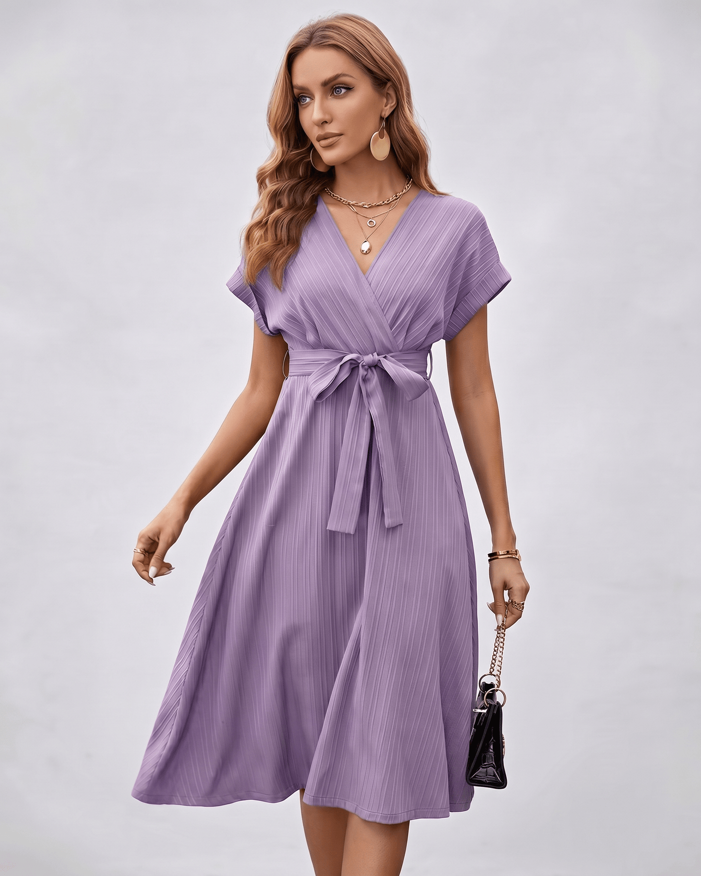 Serene Midi Dress in lavender, featuring pleated fabric, a V-neck, and self-tie belt from Lauven for elegant styling.