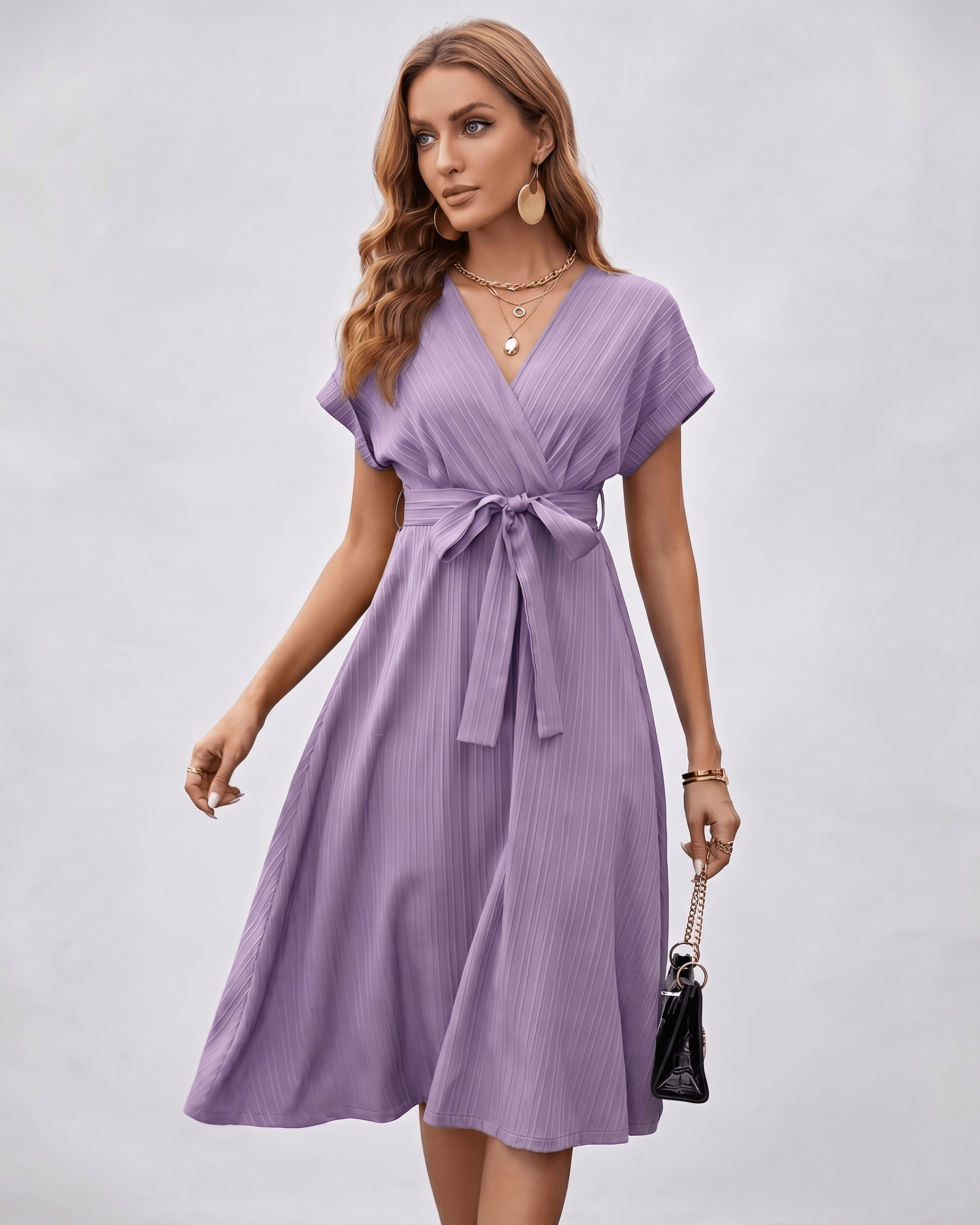 Serene Midi Dress in lavender, featuring pleated fabric, a V-neck, and self-tie belt from Lauven for elegant styling.