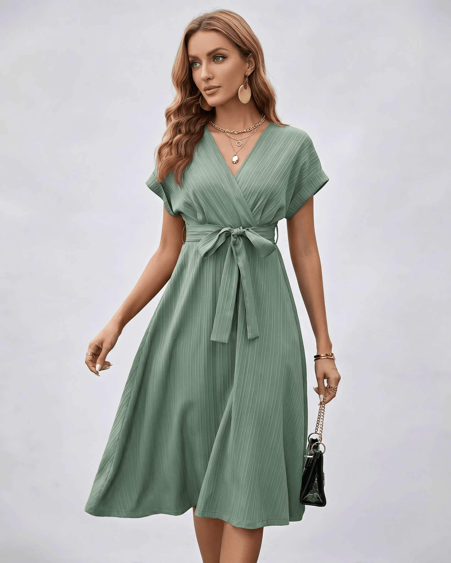 Serene Midi Dress in pleated fabric with V-neck, self-tie belt, and fluid A-line silhouette by Lauven.