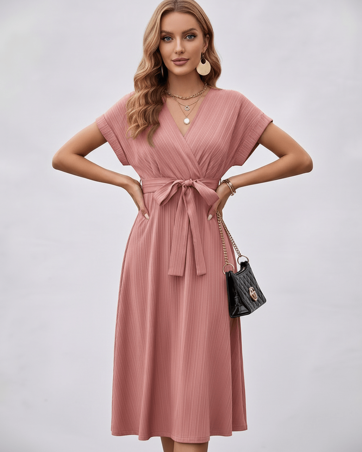 Serene Midi Dress by Lauven, pleated fabric, V-neck, self-tie belt, lightweight design for versatile styling.