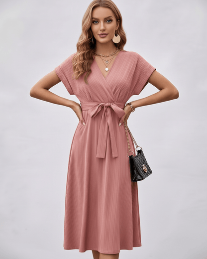 Serene Midi Dress by Lauven, pleated fabric, V-neck, self-tie belt, lightweight design for versatile styling.