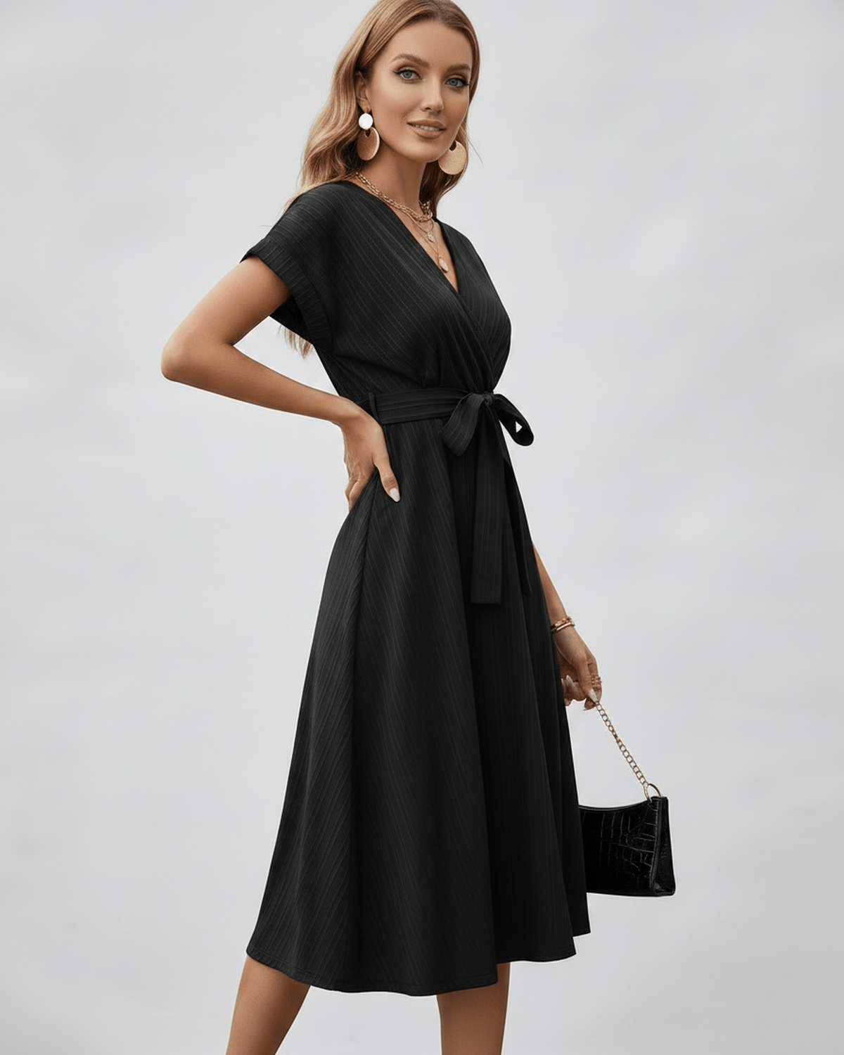 Serene Midi Dress - lightweight pleated fabric, V-neck design, elegant A-line silhouette by Lauven.