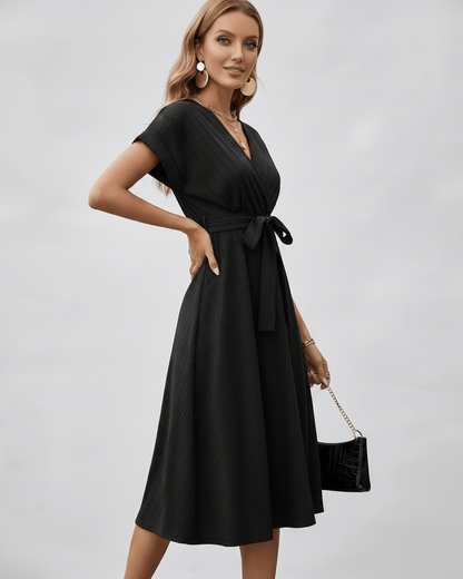 Serene Midi Dress - lightweight pleated fabric, V-neck design, elegant A-line silhouette by Lauven.