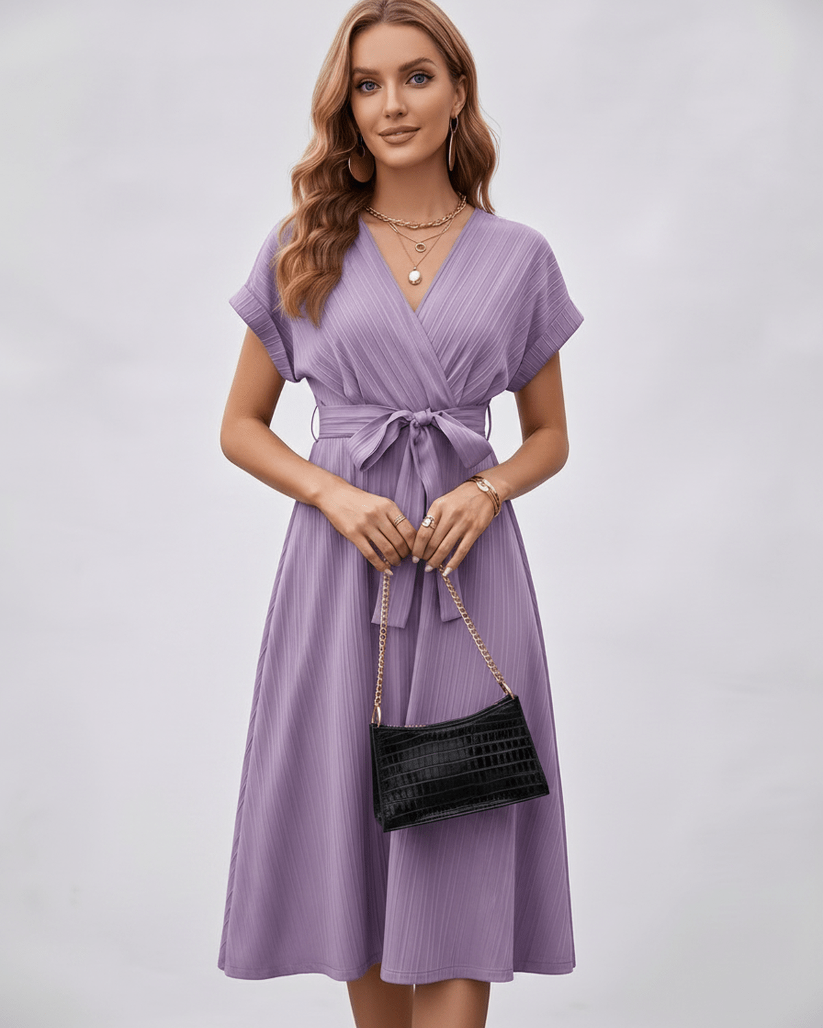 Serene Midi Dress by Lauven, pleated fabric, V-neck, self-tie belt for adjustable shape, elegant day-to-evening style.