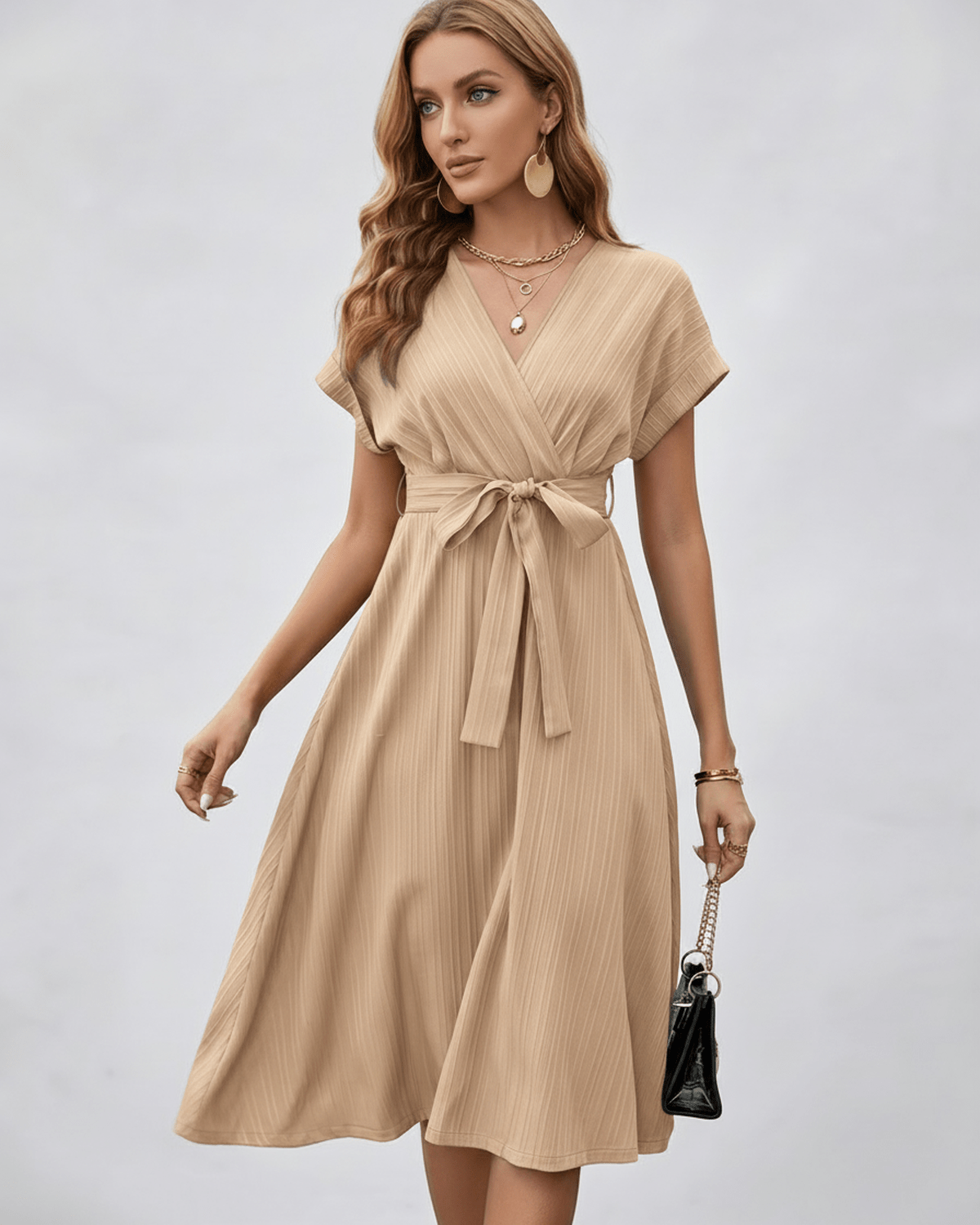 Serene Midi Dress by Lauven in pleated fabric, V-neck, A-line silhouette with self-tie belt for adjustable shaping.