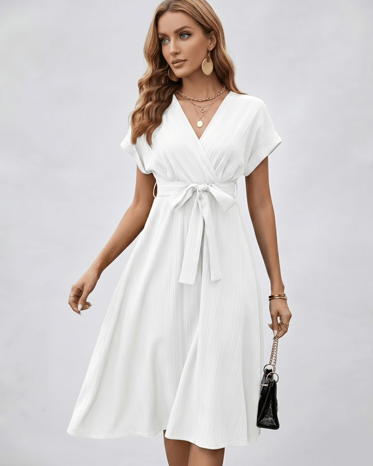 Serene Midi Dress featuring pleated fabric, V-neck, self-tie belt for a refined look by Lauven.