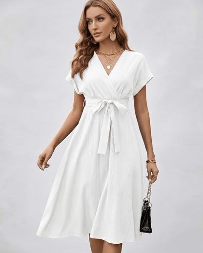 Serene Midi Dress featuring pleated fabric, V-neck, self-tie belt for a refined look by Lauven.