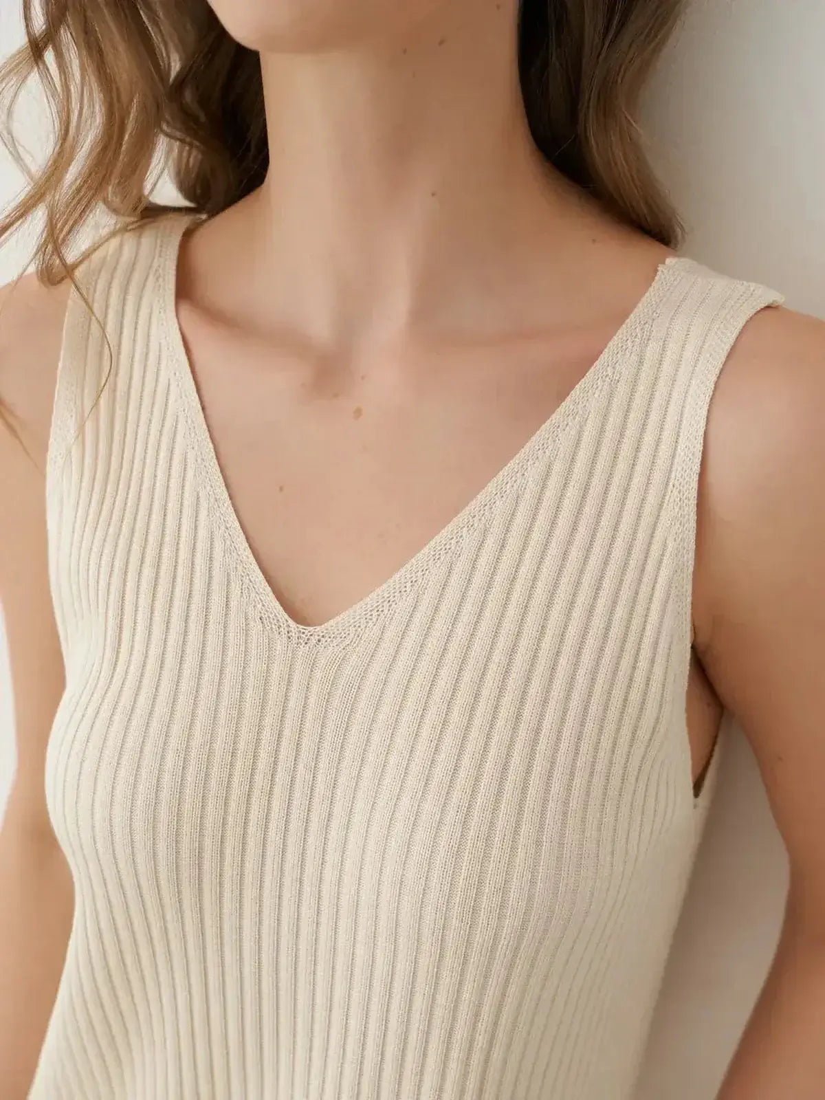 Close-up of the Serene Rib Maxi Dress showing ribbed texture and V-neckline, perfect for summer styling.