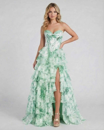 Serenella Maxi Dress by Lauven, floral tiered chiffon gown in green with elegant silhouette and flowing ruffles.