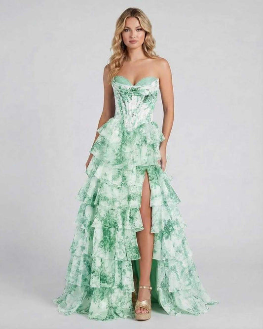 Serenella Maxi Dress by Lauven, strapless floral tiered chiffon gown in green with ruffles and thigh-high slit.