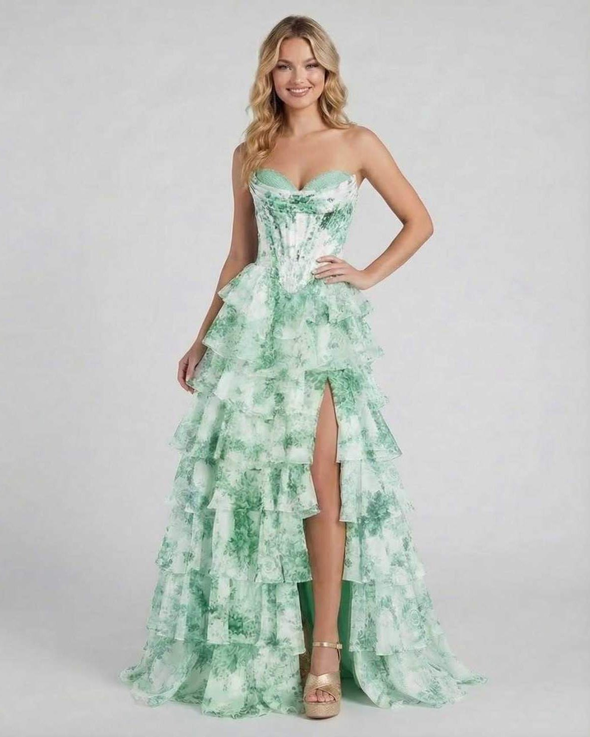 Serenella Maxi Dress by Lauven, floral tiered chiffon gown in green with ruffles and elegant silhouette.