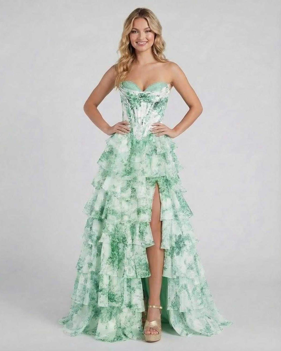 Serenella Maxi Dress by Lauven - Strapless green floral tiered chiffon dress perfect for elegant occasions.