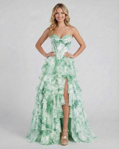 Serenella Maxi Dress by Lauven - Strapless green floral tiered chiffon dress perfect for elegant occasions.