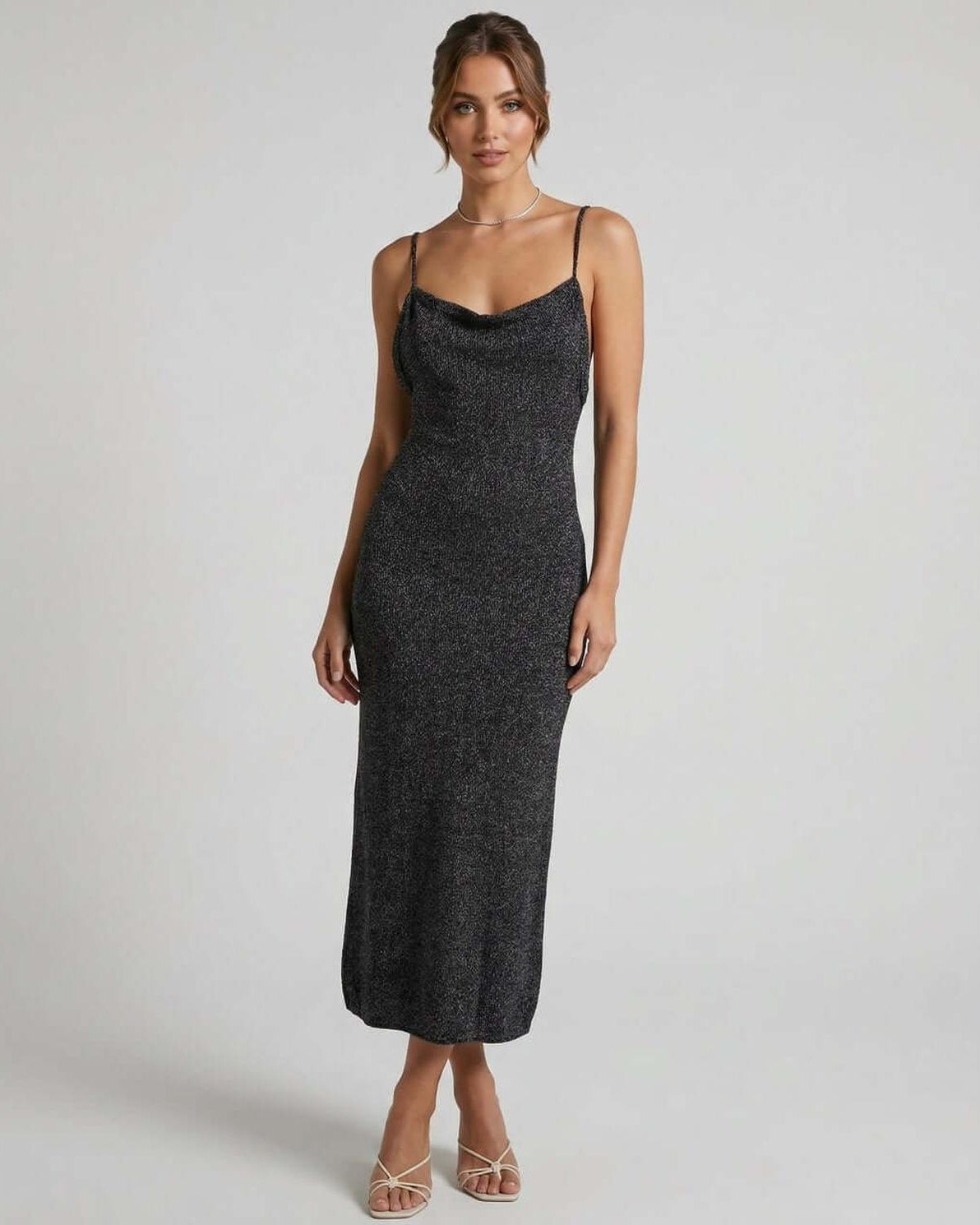Serenelle Midi Dress - Black Shimmer Spaghetti Strap Midi Dress by Lauven, showcasing elegant slim silhouette and modern style.