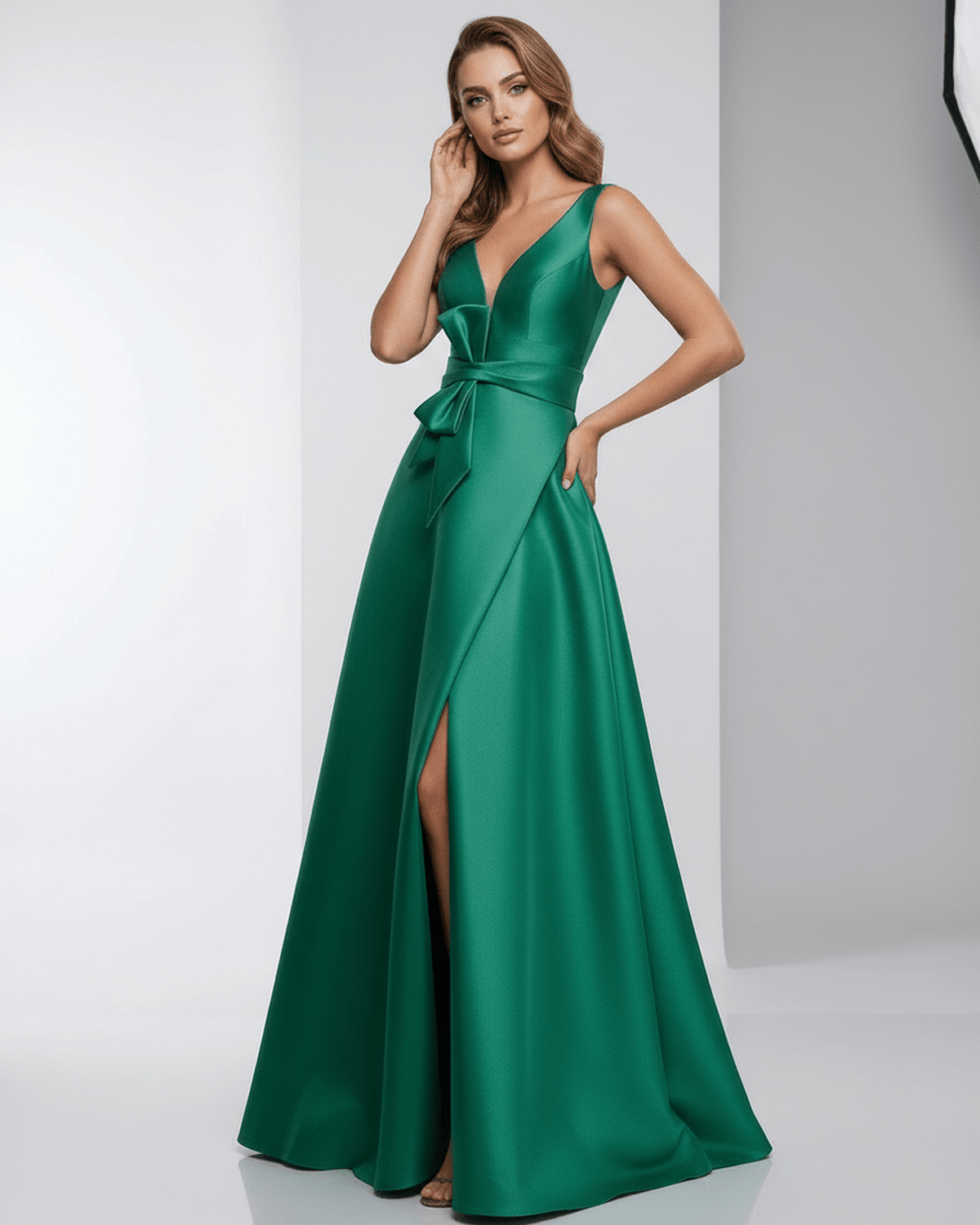 Siena Maxi Dress in green satin with A-line silhouette and V-neck, featuring a bow detail for an elegant evening look by Lauven.