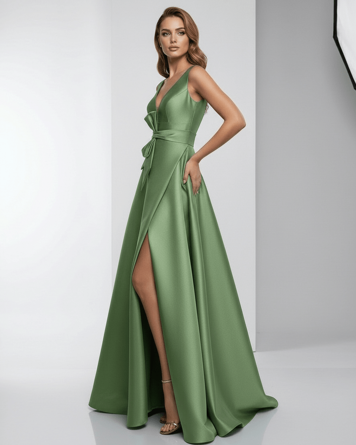Siena Maxi Dress in green satin, featuring A-line silhouette, V-neckline, elegant floor-length design by Lauven.