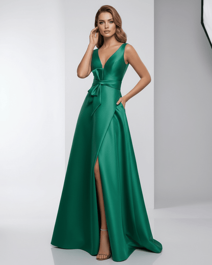 Siena Maxi Dress - Elegant green satin A-Line dress with V-neck, bow detail, perfect for formal occasions.