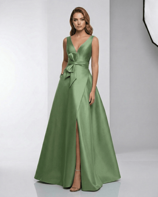 Siena Maxi Dress – Green satin A-line V-neck floor-length evening dress by Lauven, featuring a structured silhouette and elegant design.
