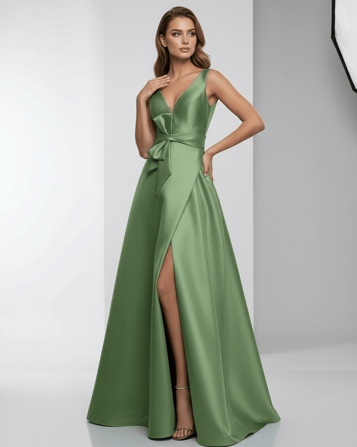 Siena Maxi Dress in green satin, featuring a deep V-neckline, A-line silhouette, and elegant floor-length skirt by Lauven.