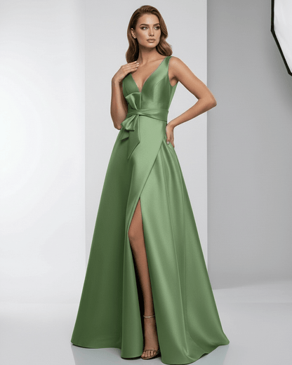 Siena Maxi Dress in green satin, featuring a deep V-neckline, A-line silhouette, and elegant floor-length skirt by Lauven.