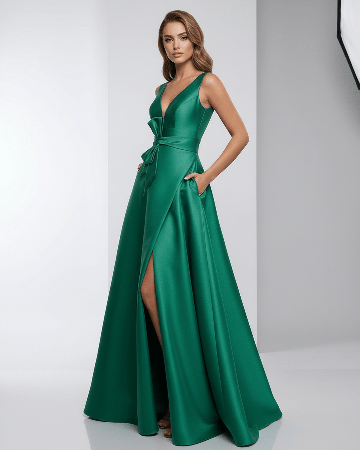 Siena Maxi Dress in green satin featuring A-line silhouette, V-neckline, structured waist with bow, by Lauven.